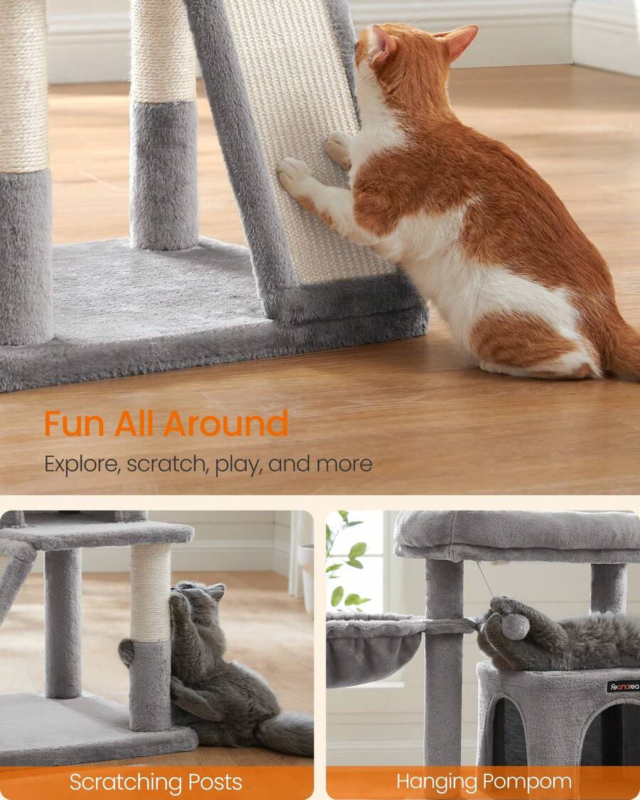 Beige 37.8-inch multi-level wooden cat tree featuring a scratching ramp ladder, 2-door cat cave, widened top perch, and hanging pompom toy for indoor cats.