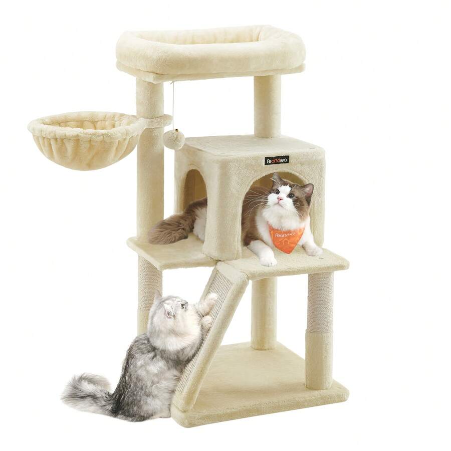Beige 37.8-inch multi-level wooden cat tree featuring a scratching ramp ladder, 2-door cat cave, widened top perch, and hanging pompom toy for indoor cats.