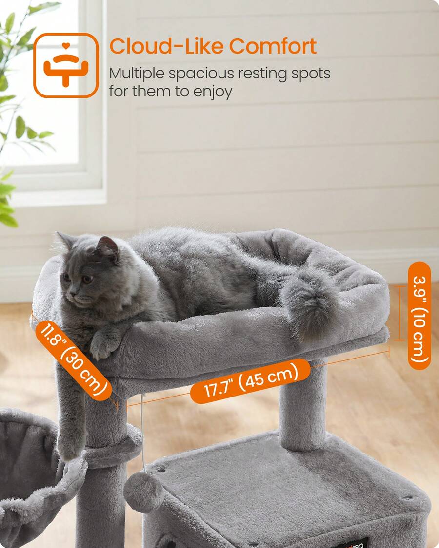 Beige 37.8-inch multi-level wooden cat tree featuring a scratching ramp ladder, 2-door cat cave, widened top perch, and hanging pompom toy for indoor cats.