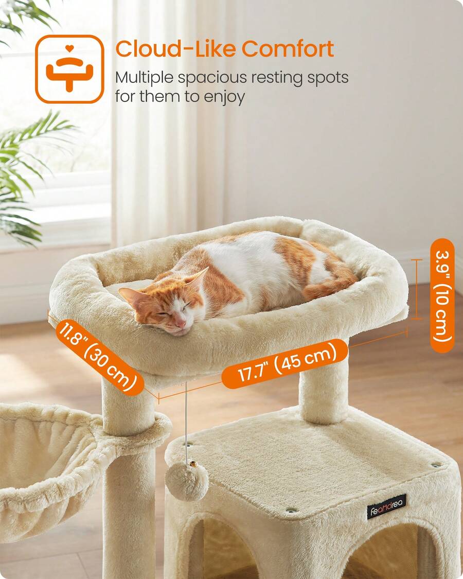 Beige 37.8-inch multi-level wooden cat tree featuring a scratching ramp ladder, 2-door cat cave, widened top perch, and hanging pompom toy for indoor cats.
