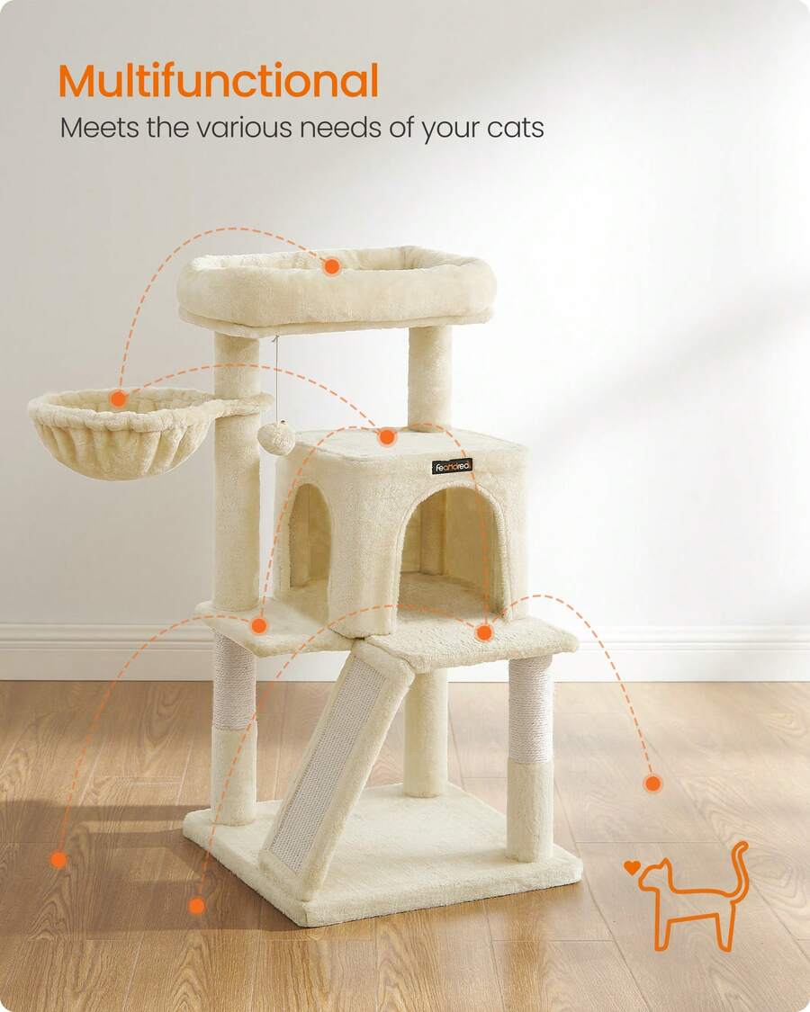 Beige 37.8-inch multi-level wooden cat tree featuring a scratching ramp ladder, 2-door cat cave, widened top perch, and hanging pompom toy for indoor cats.