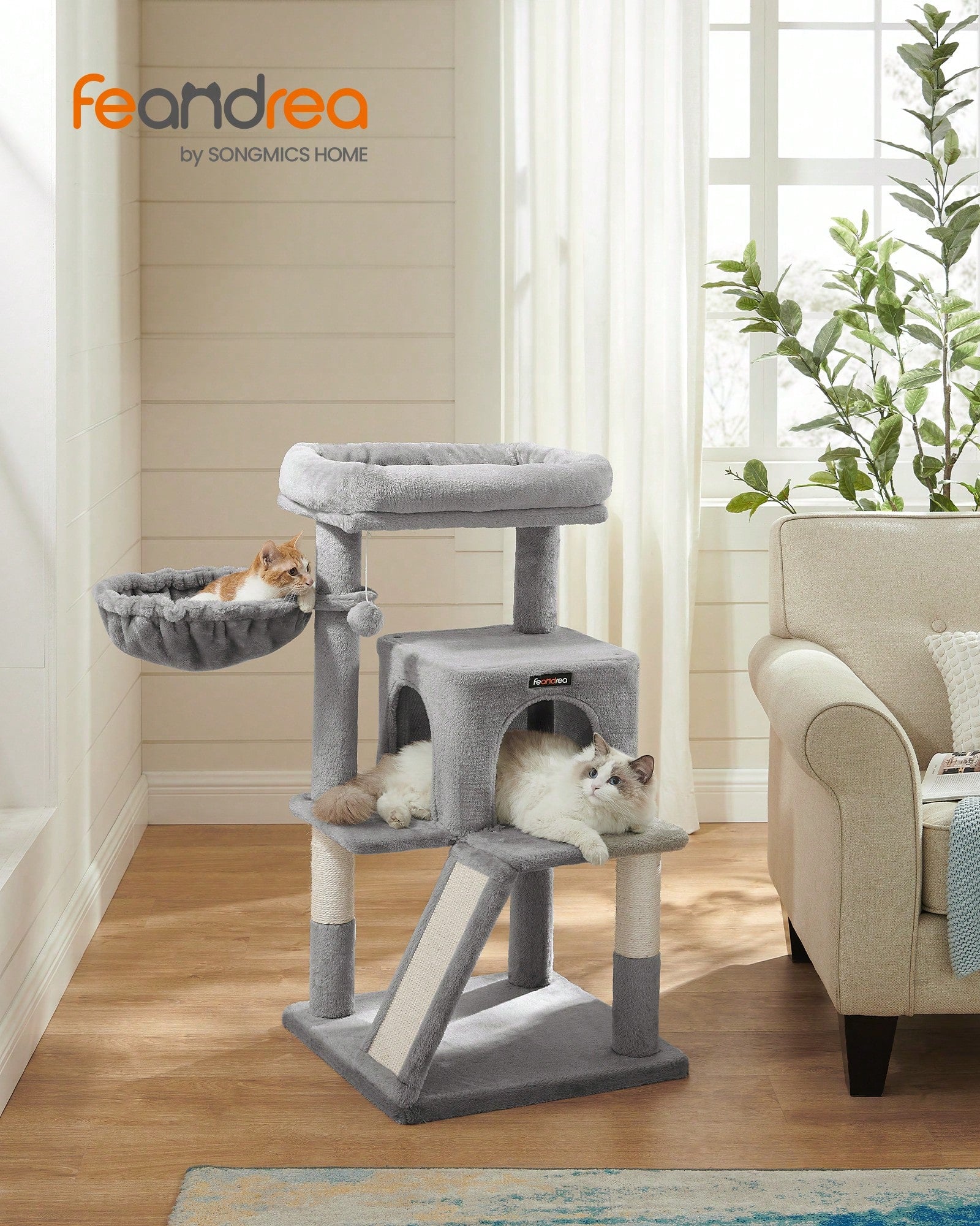 Beige 37.8-inch multi-level wooden cat tree featuring a scratching ramp ladder, 2-door cat cave, widened top perch, and hanging pompom toy for indoor cats.