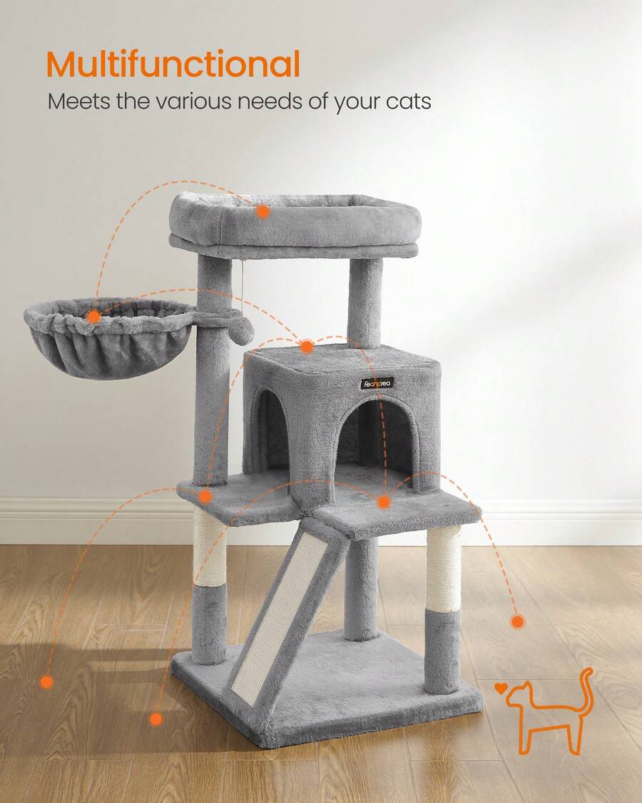 Beige 37.8-inch multi-level wooden cat tree featuring a scratching ramp ladder, 2-door cat cave, widened top perch, and hanging pompom toy for indoor cats.