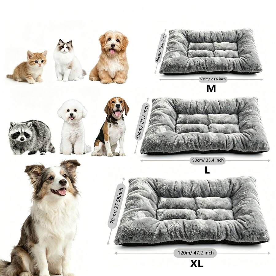 Grey plush pet bed mat with soft long plush top, thick padded filling, and non-slip bottom for dogs and cats