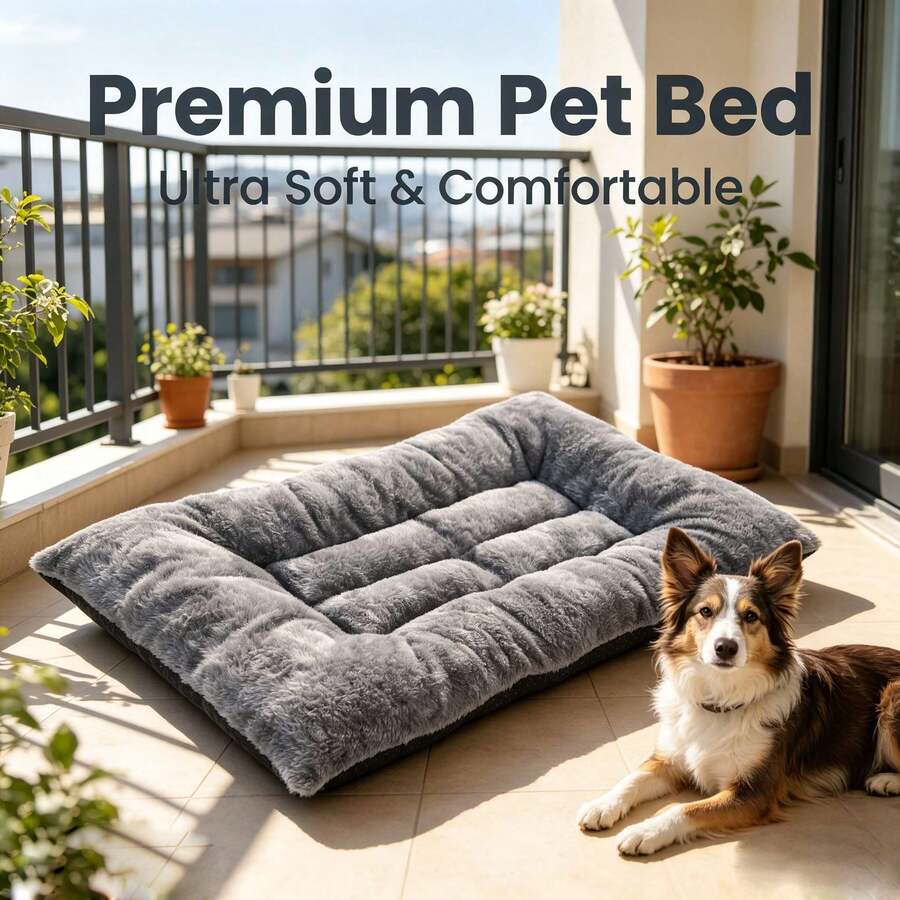 Grey plush pet bed mat with soft long plush top, thick padded filling, and non-slip bottom for dogs and cats