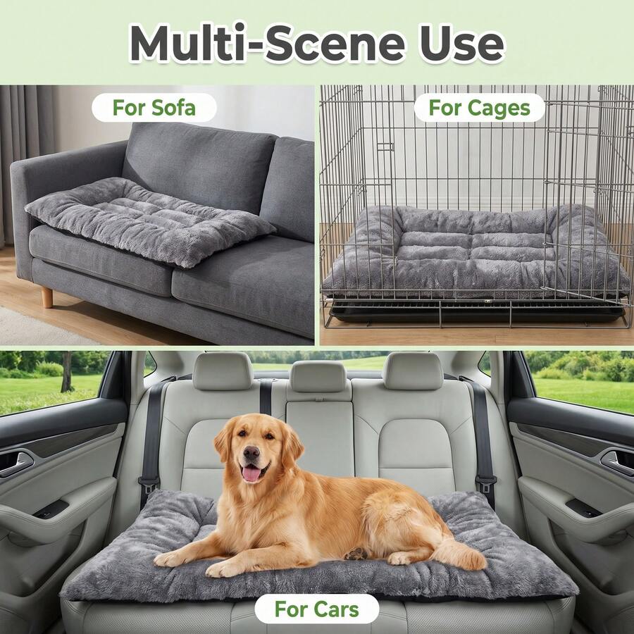 Grey plush pet bed mat with soft long plush top, thick padded filling, and non-slip bottom for dogs and cats