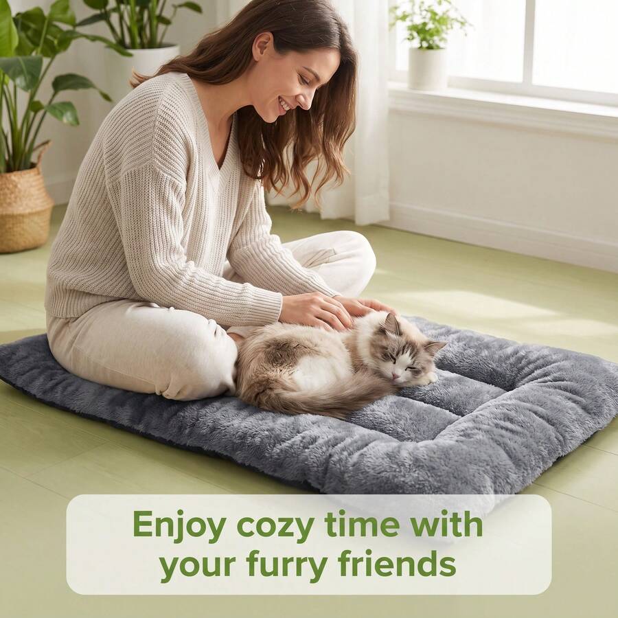 Grey plush pet bed mat with soft long plush top, thick padded filling, and non-slip bottom for dogs and cats