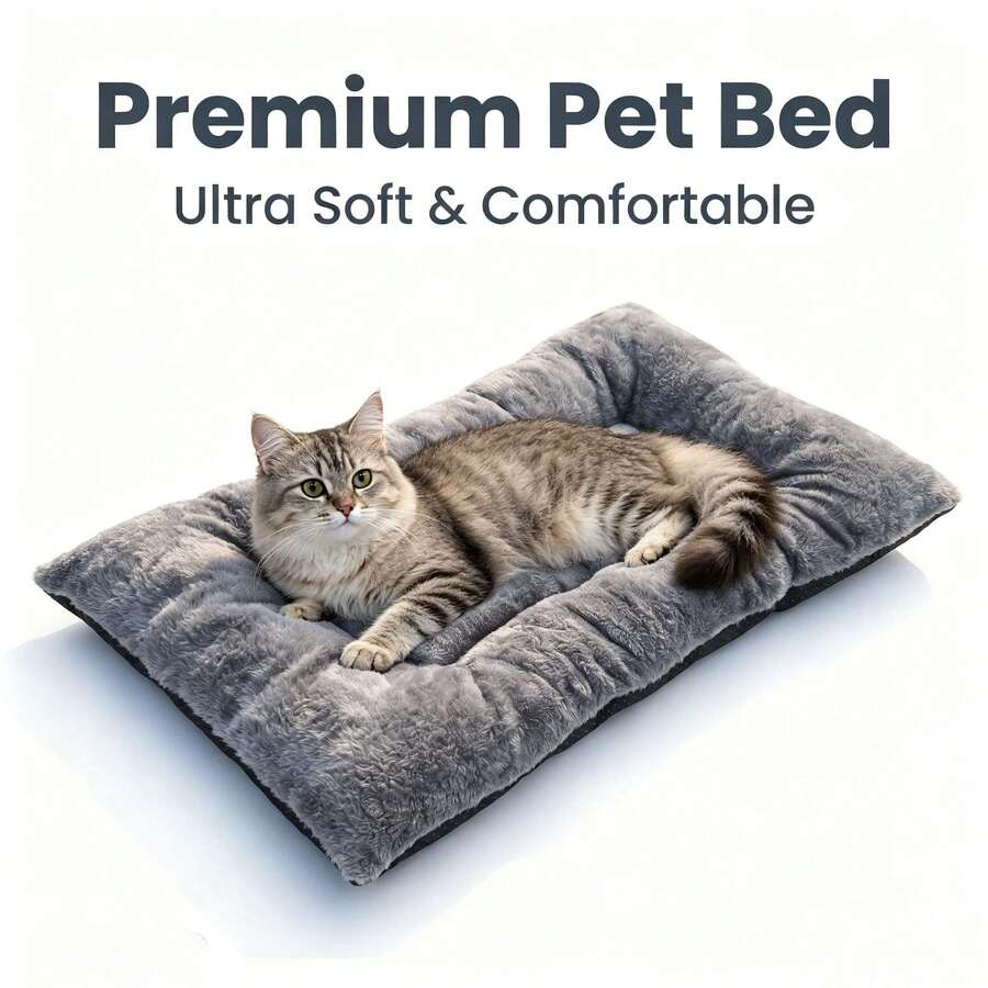 Grey plush pet bed mat with soft long plush top, thick padded filling, and non-slip bottom for dogs and cats