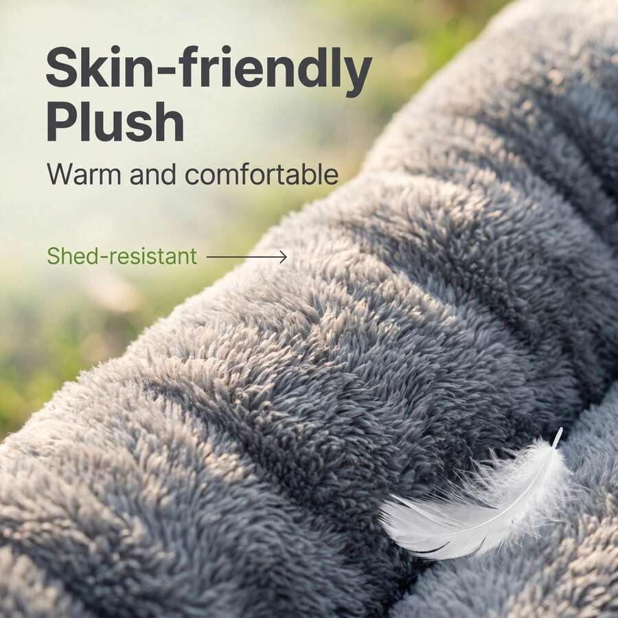 Grey plush pet bed mat with soft long plush top, thick padded filling, and non-slip bottom for dogs and cats