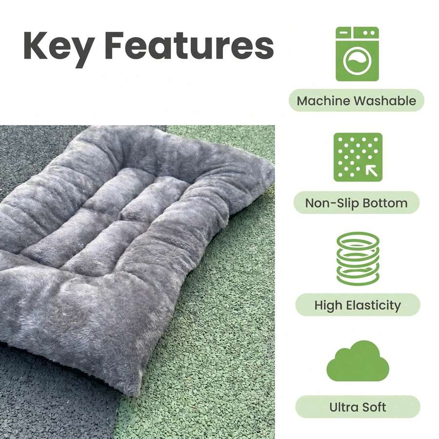 Grey plush pet bed mat with soft long plush top, thick padded filling, and non-slip bottom for dogs and cats