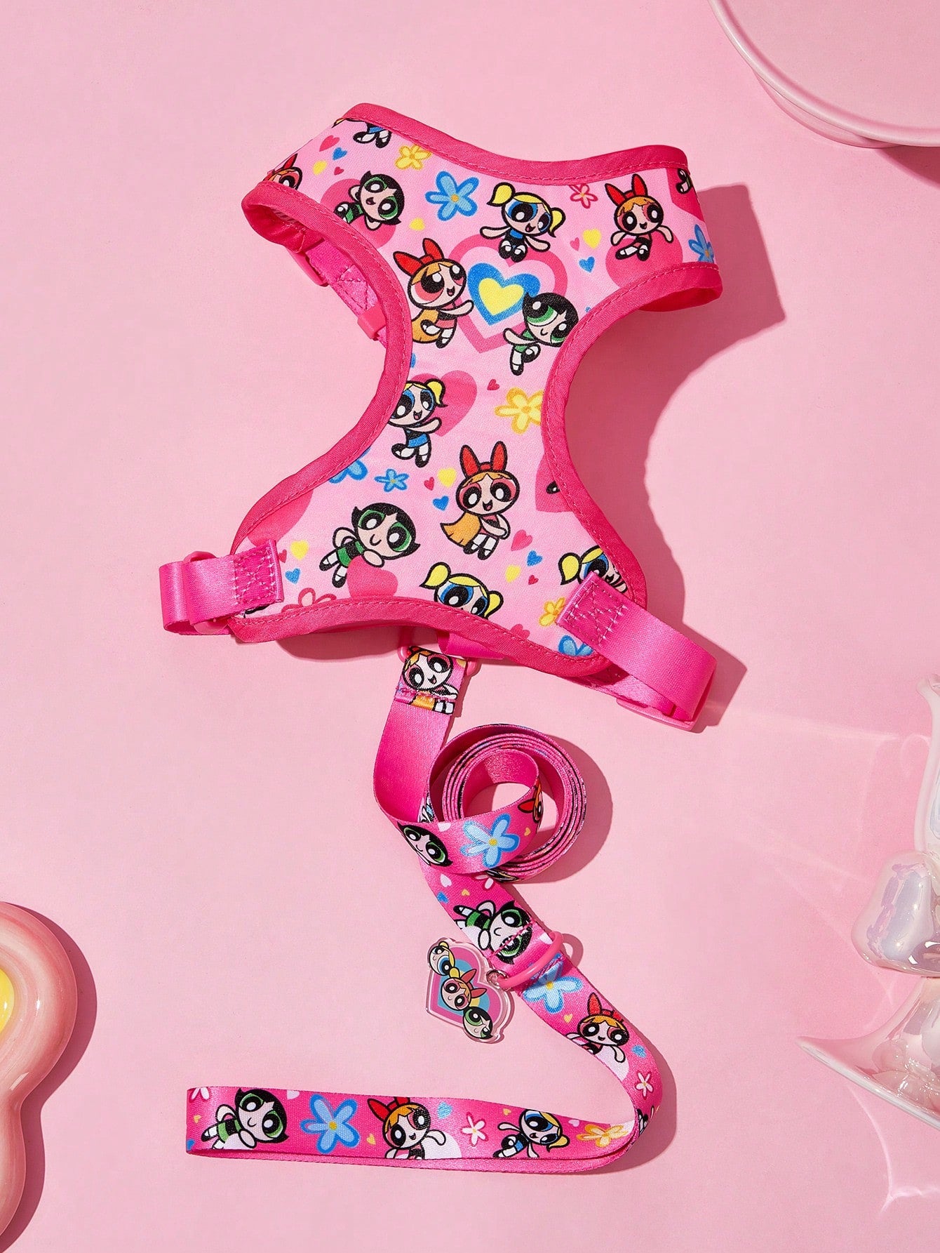 Multicolor cartoon pattern polyester pet harness and leash set with adjustable harness length for cats and dogs