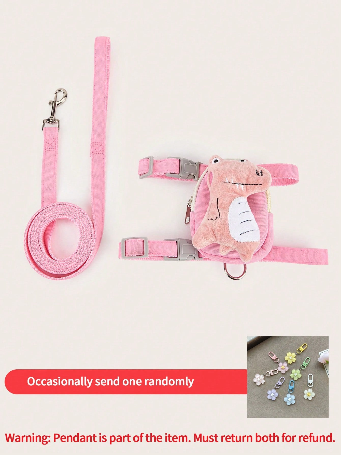 Multicolor cartoon 3D plush dinosaur pet harness and leash set with adjustable polyester harness, pouch, collar, leash, and keychain pendant for cats and dogs.