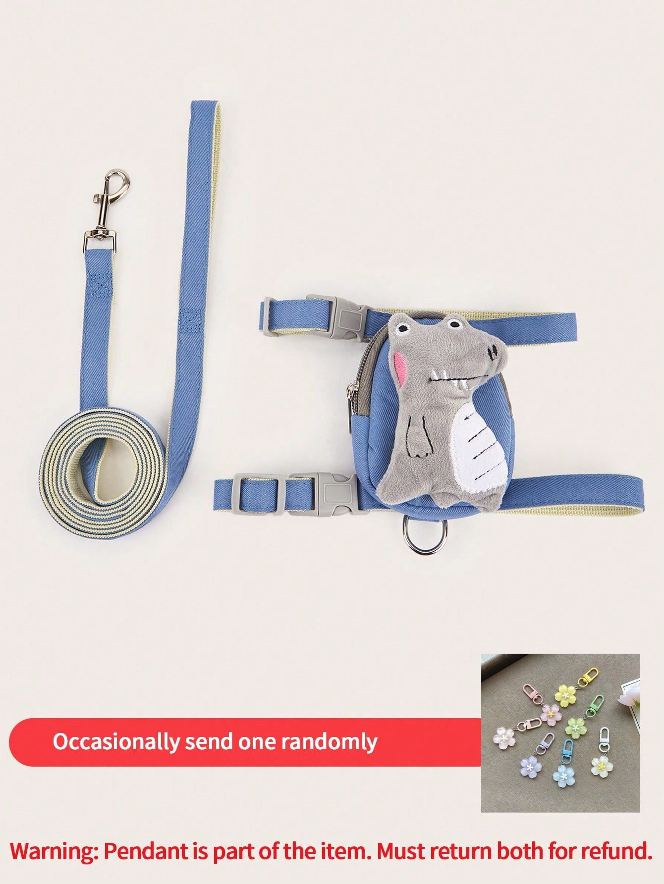 Multicolor cartoon 3D plush dinosaur pet harness and leash set with adjustable polyester harness, pouch, collar, leash, and keychain pendant for cats and dogs.