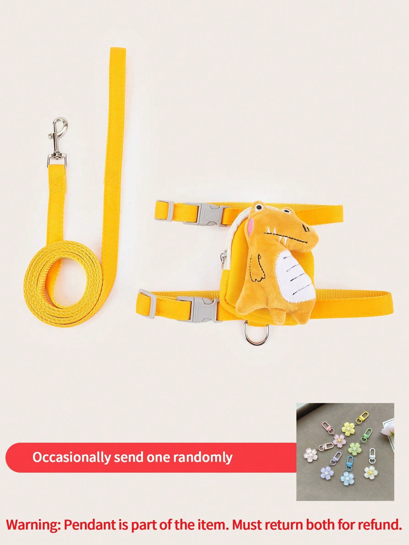 Multicolor cartoon 3D plush dinosaur pet harness and leash set with adjustable polyester harness, pouch, collar, leash, and keychain pendant for cats and dogs.