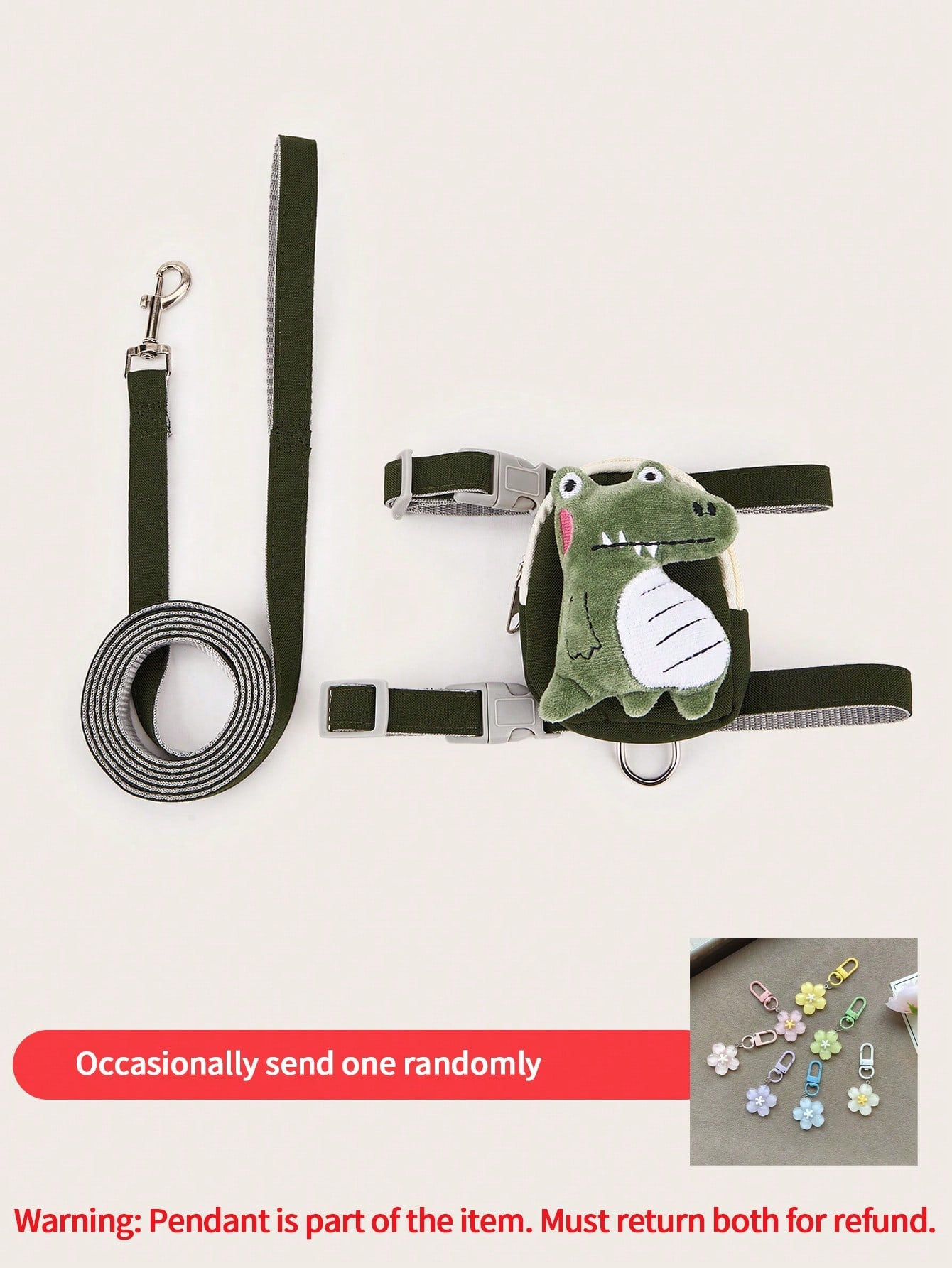 Multicolor cartoon 3D plush dinosaur pet harness and leash set with adjustable polyester harness, pouch, collar, leash, and keychain pendant for cats and dogs.