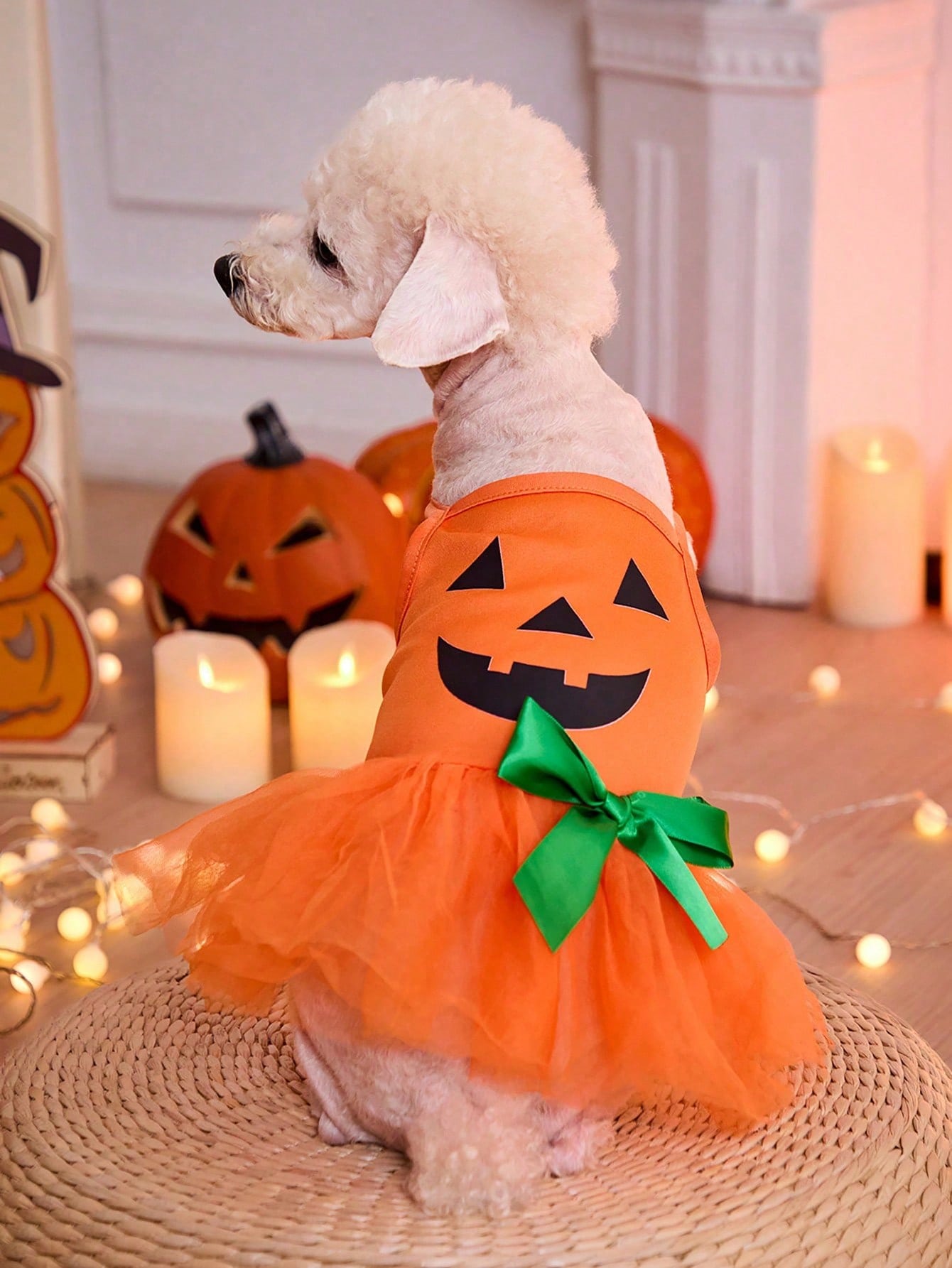 1pc Halloween Orange Pumpkin & Funny Face Print Cute Mesh Tulle Dress For Cats/Dogs
