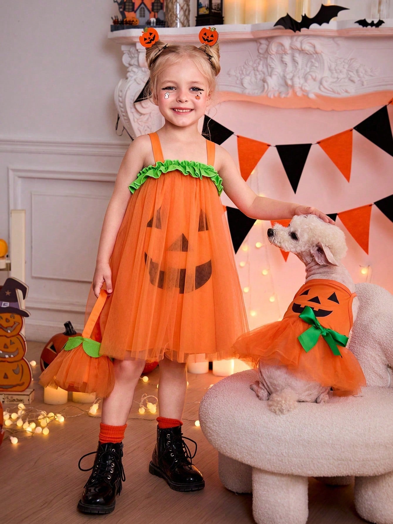 1pc Halloween Orange Pumpkin & Funny Face Print Cute Mesh Tulle Dress For Cats/Dogs