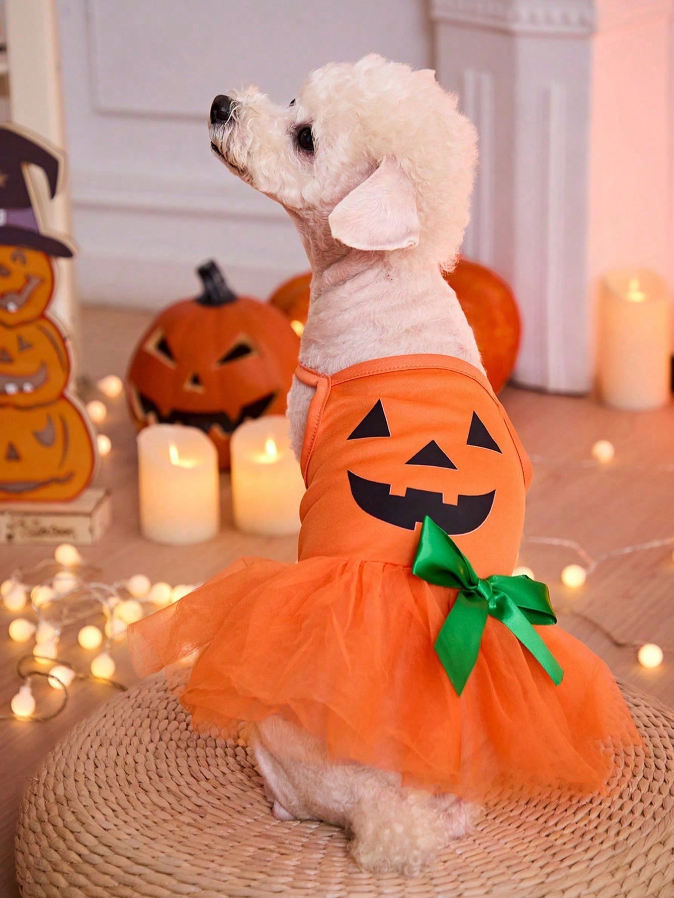 1pc Halloween Orange Pumpkin & Funny Face Print Cute Mesh Tulle Dress For Cats/Dogs