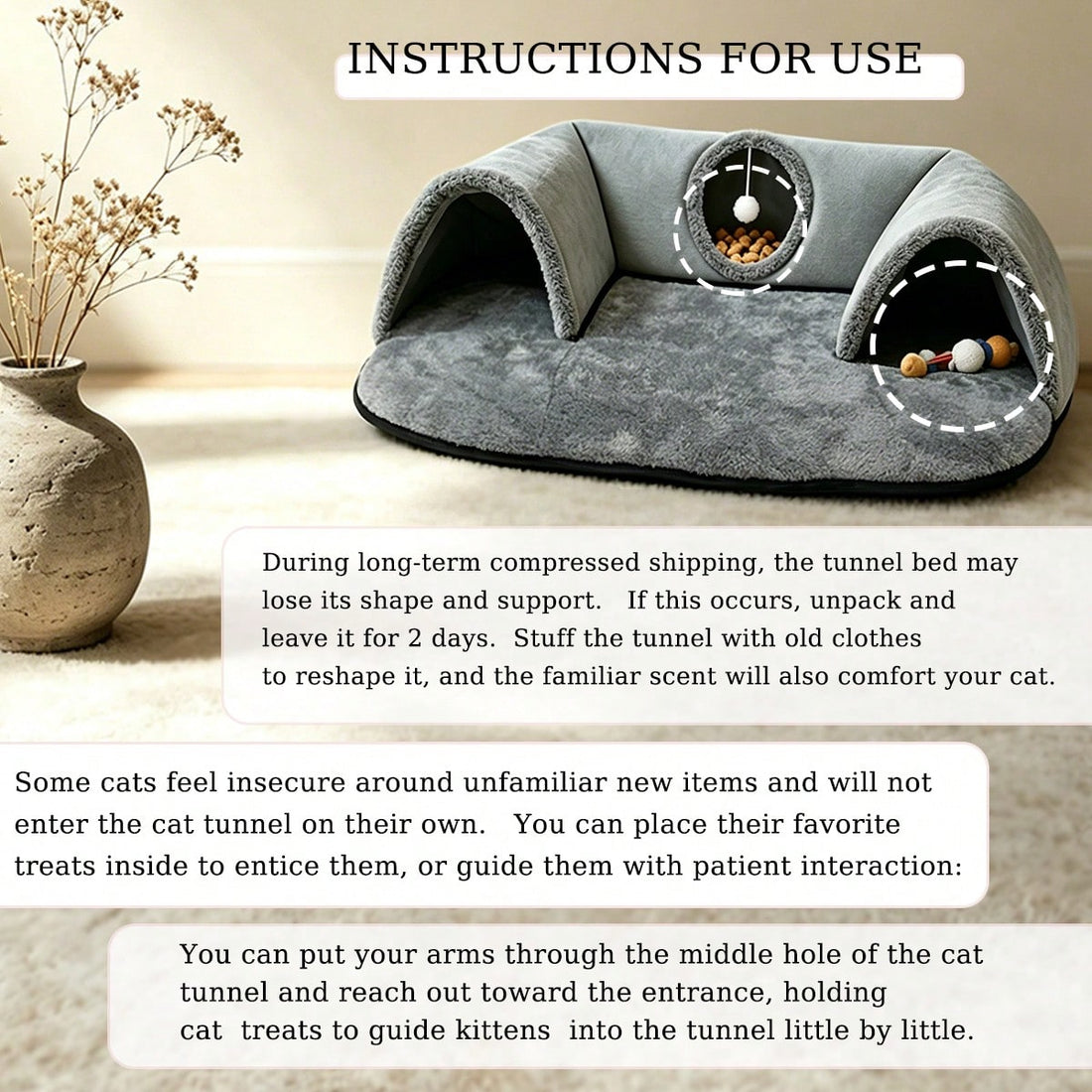 2-In-1 Cat Tunnel Bed With Plush Cushion, Multi-Size Optional, Soft Warm Hideaway With Interactive Toy, Cozy Cat Play & Rest Cave For Indoor Cats