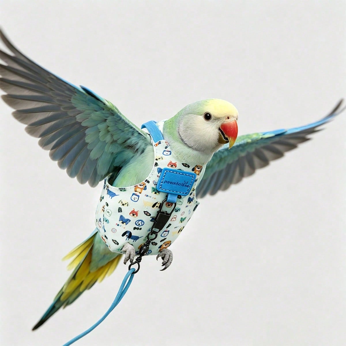 Baby blue fabric bird and parrot harness leash set with adjustable harness, training leash, and wrist strap for outdoor anti-lost use