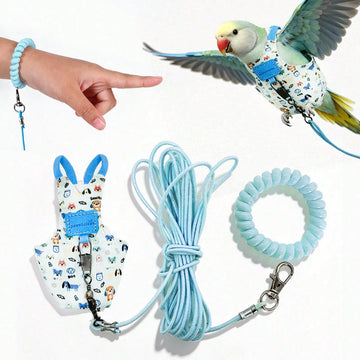 Baby blue fabric bird and parrot harness leash set with adjustable harness, training leash, and wrist strap for outdoor anti-lost use