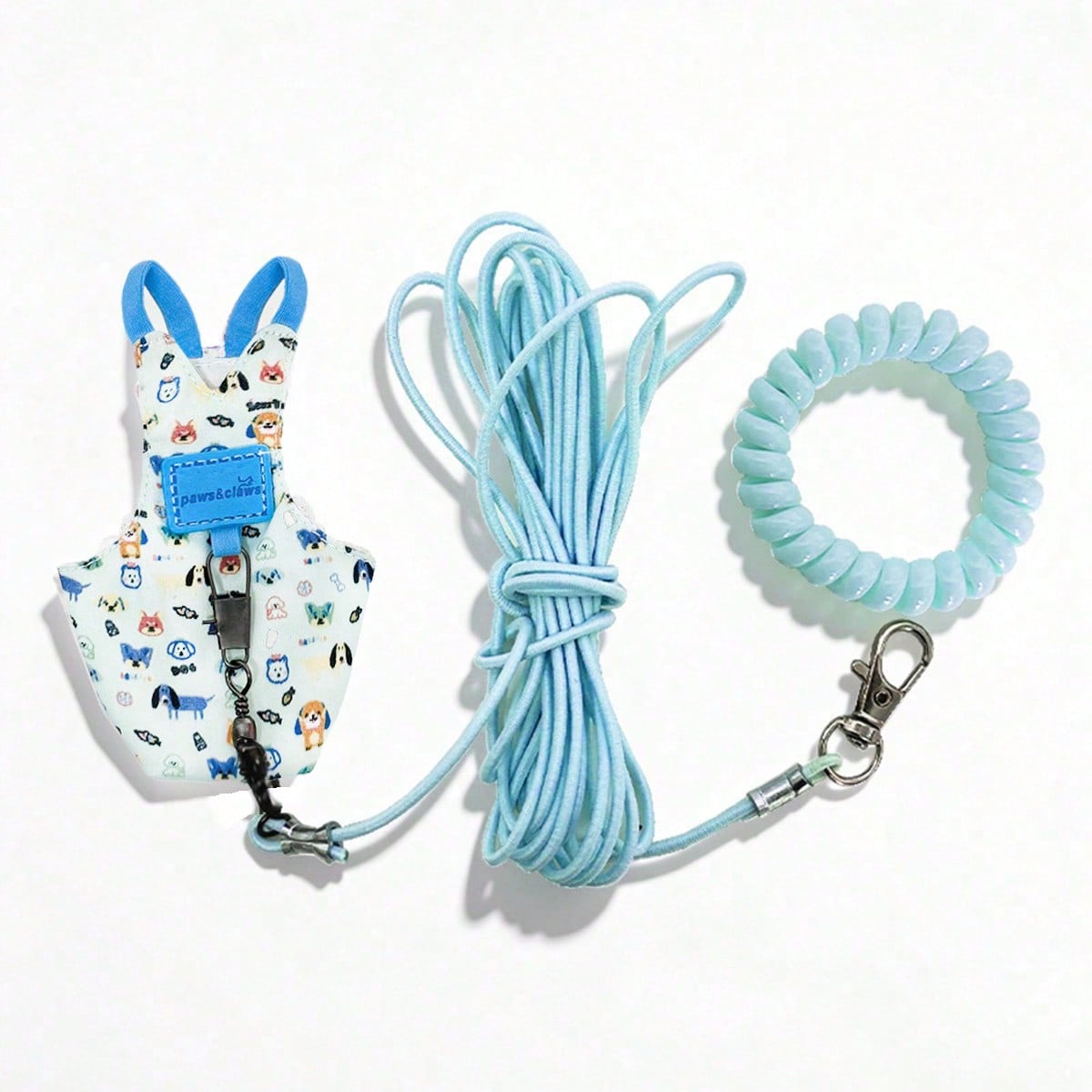 Baby blue fabric bird and parrot harness leash set with adjustable harness, training leash, and wrist strap for outdoor anti-lost use