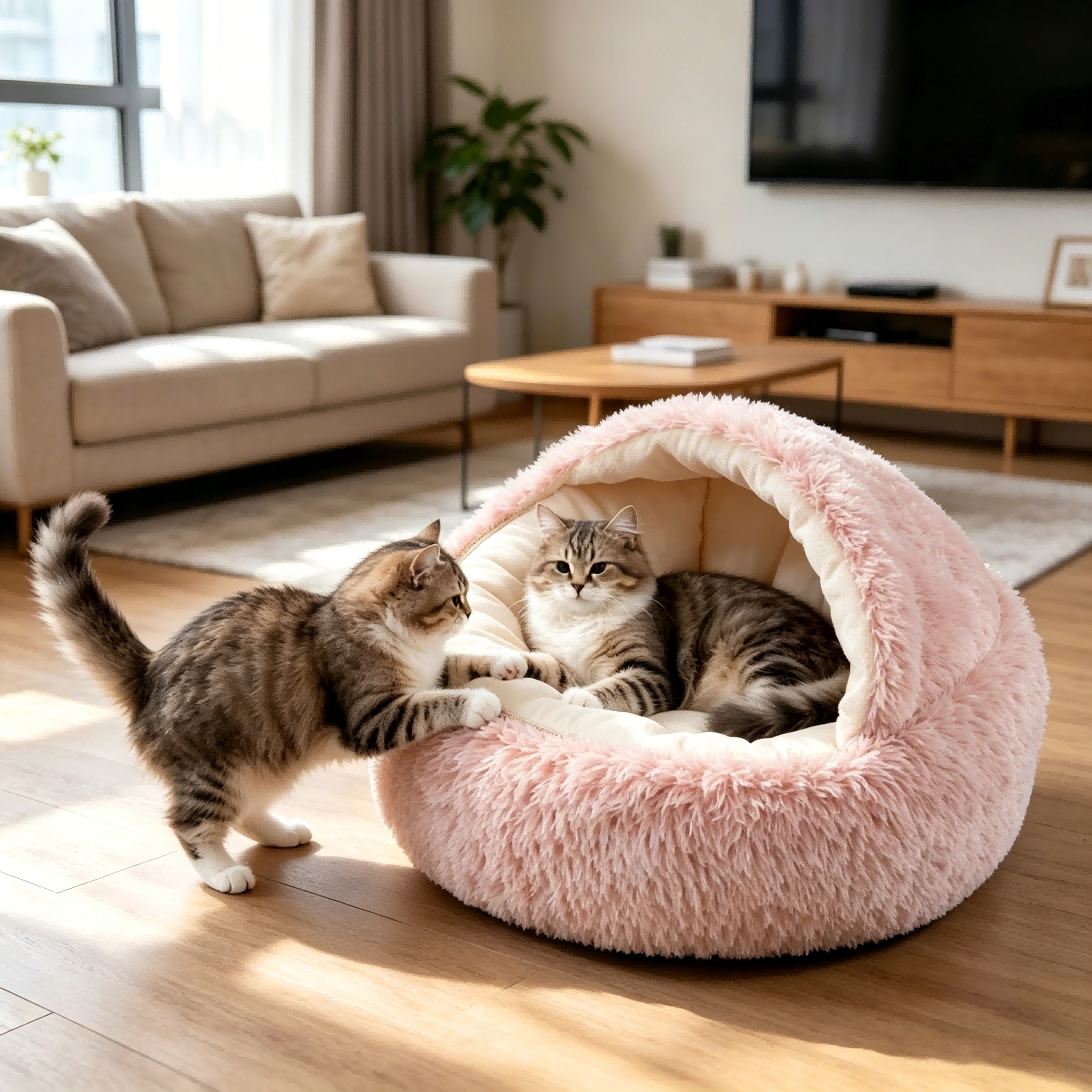 Grey plaid pet cave bed with a warm polyester cover and polypropylene fiber filling designed for indoor cats, puppies, and rabbits.