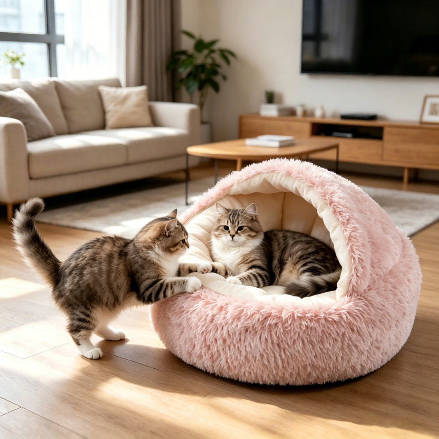 Grey plaid pet cave bed with a warm polyester cover and polypropylene fiber filling designed for indoor cats, puppies, and rabbits.