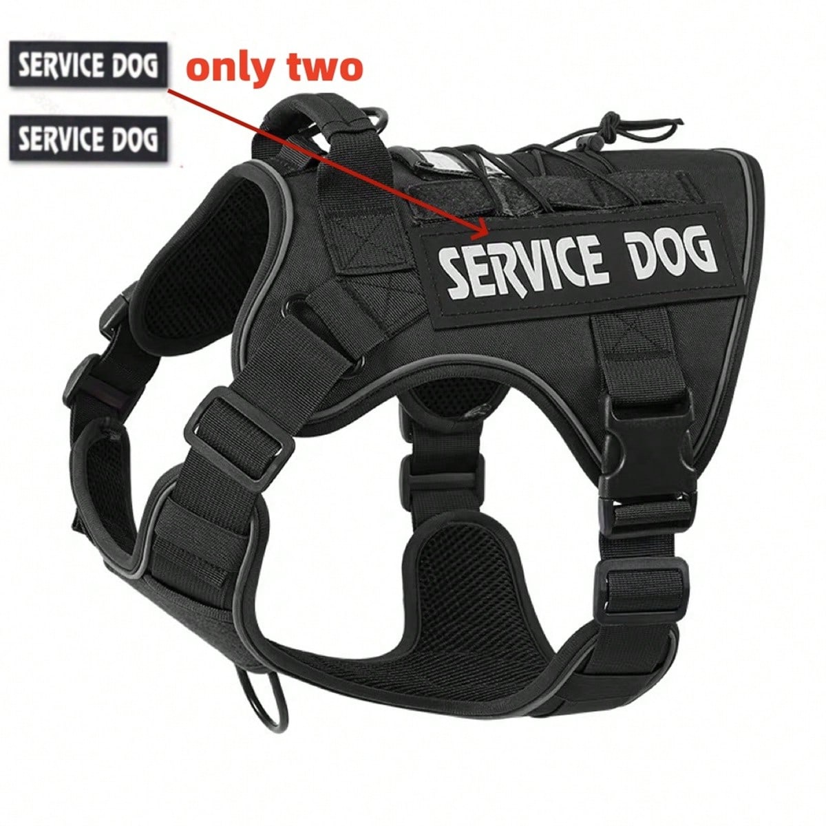 Multicolor polyester tactical vest for medium to large dogs with adjustable fit, reflective details, breathable washable design, and letter pattern.