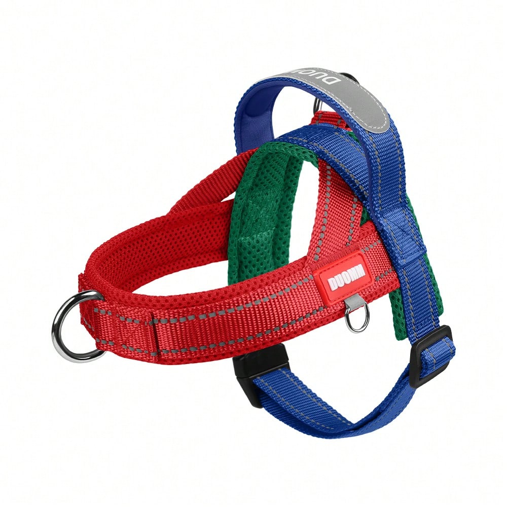 Multicolor soft padded dog harness with adjustable chest strap, reflective detail, and anti-pull vest design for small and medium dogs.