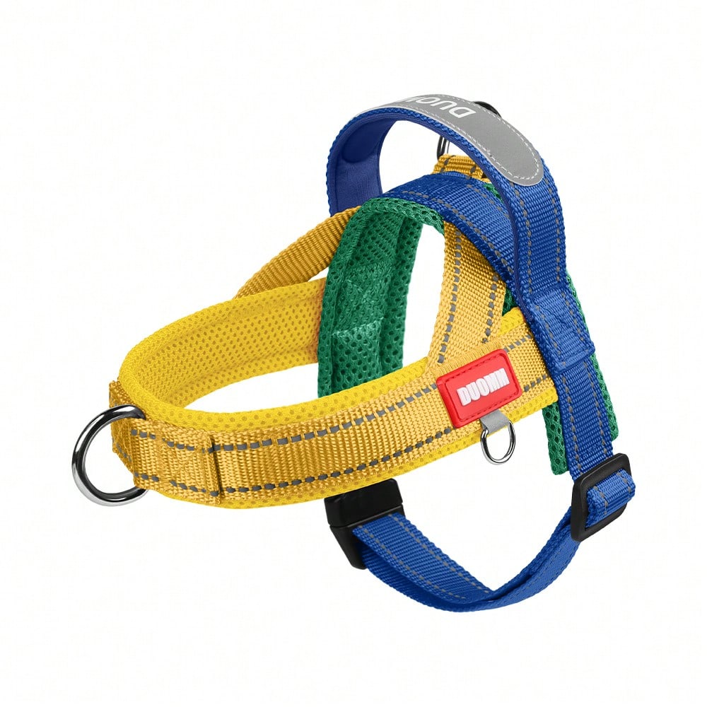 Multicolor soft padded dog harness with adjustable chest strap, reflective detail, and anti-pull vest design for small and medium dogs.