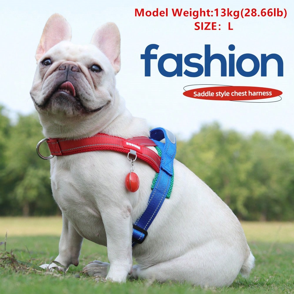 Multicolor soft padded dog harness with adjustable chest strap, reflective detail, and anti-pull vest design for small and medium dogs.
