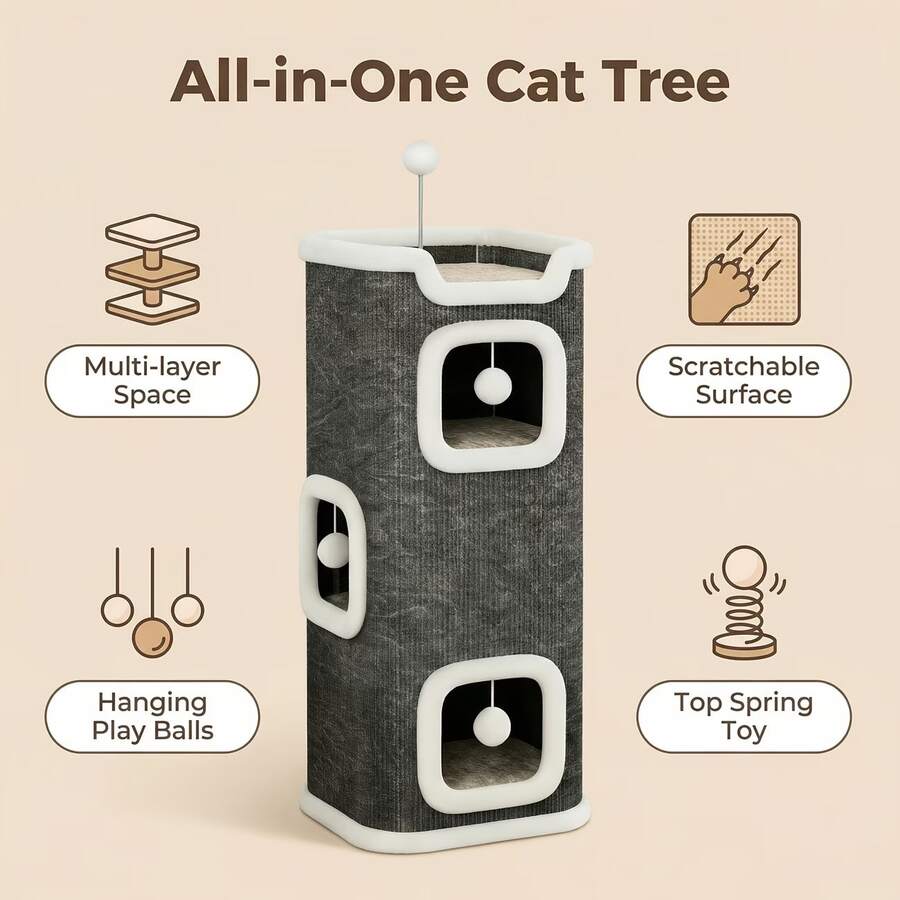 Multi-level cozy cat tree villa tower featuring a sisal scratching post and warm soft condo for indoor cats.