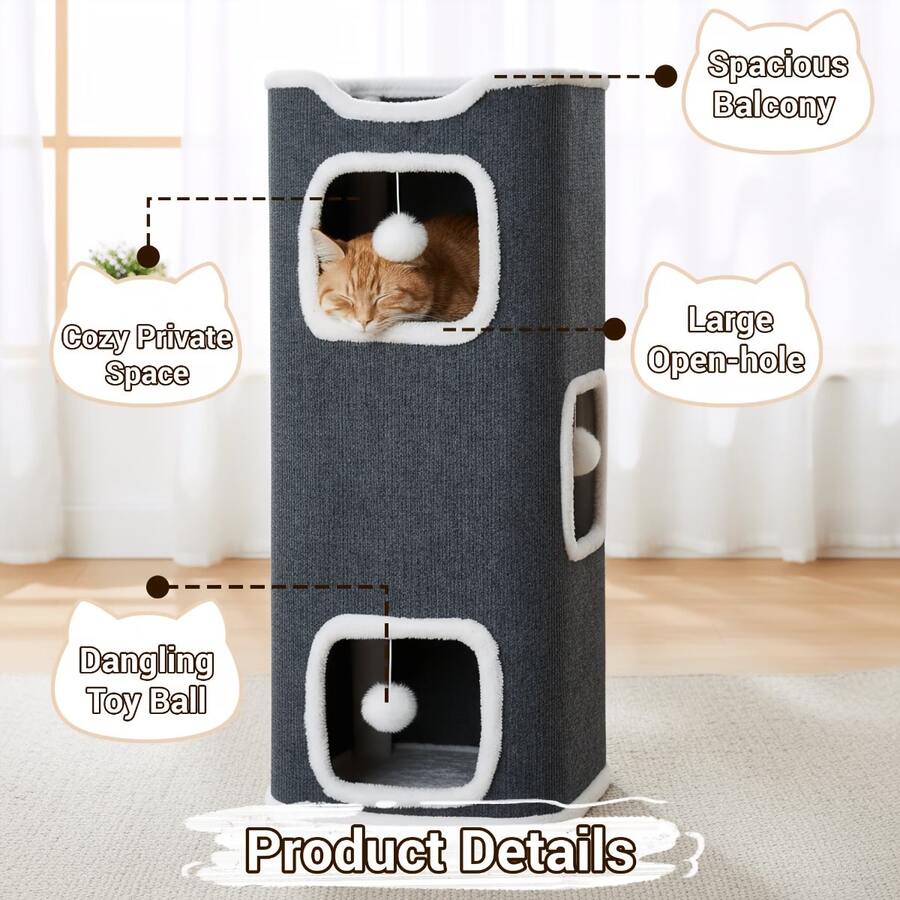 Multi-level cozy cat tree villa tower featuring a sisal scratching post and warm soft condo for indoor cats.