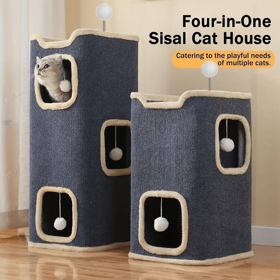 Multi-level cozy cat tree villa tower featuring a sisal scratching post and warm soft condo for indoor cats.