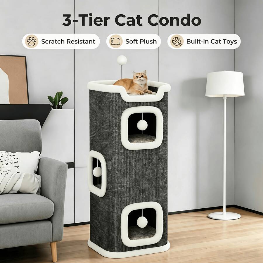 Multi-level cozy cat tree villa tower featuring a sisal scratching post and warm soft condo for indoor cats.