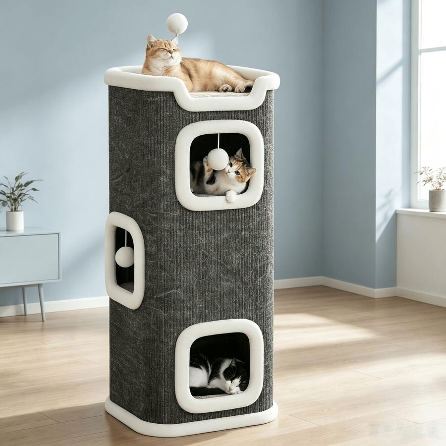 Multi-level cozy cat tree villa tower featuring a sisal scratching post and warm soft condo for indoor cats.