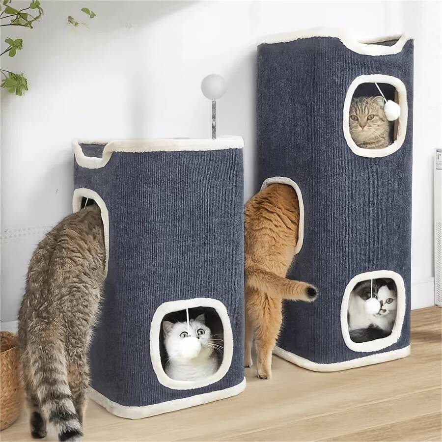 Multi-level cozy cat tree villa tower featuring a sisal scratching post and warm soft condo for indoor cats.