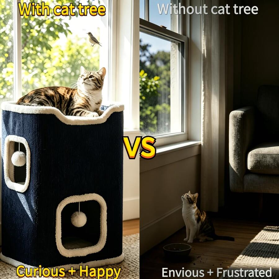 Multi-level cozy cat tree villa tower featuring a sisal scratching post and warm soft condo for indoor cats.