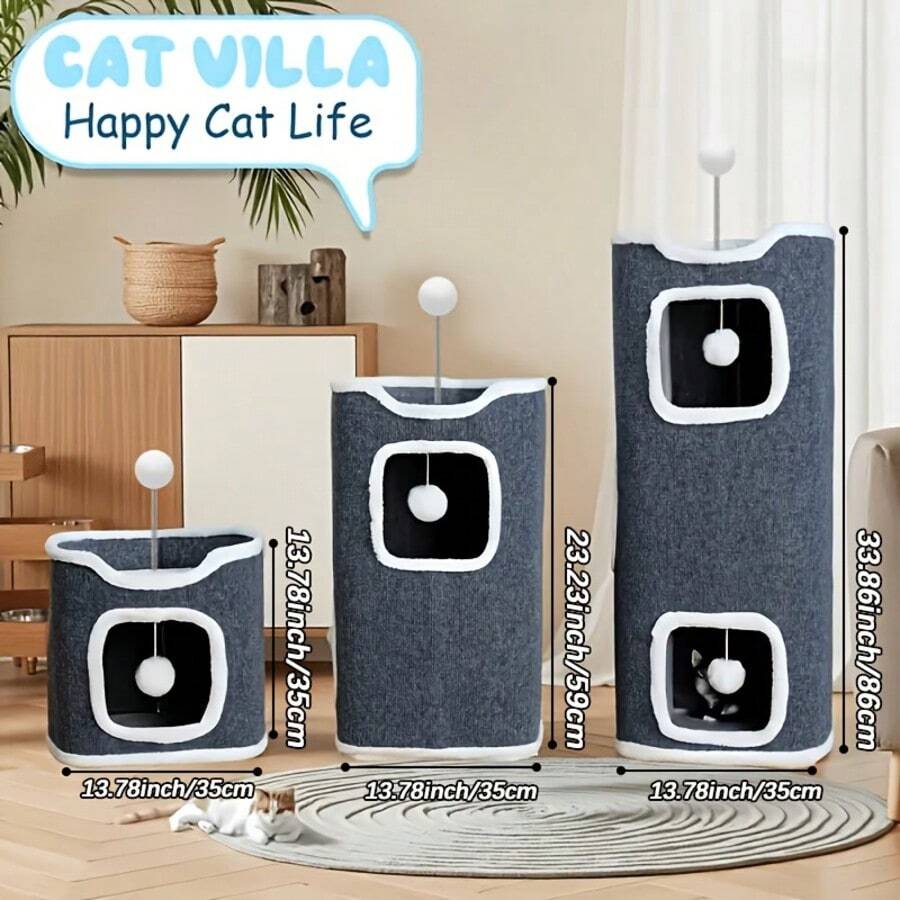 Multi-level cozy cat tree villa tower featuring a sisal scratching post and warm soft condo for indoor cats.