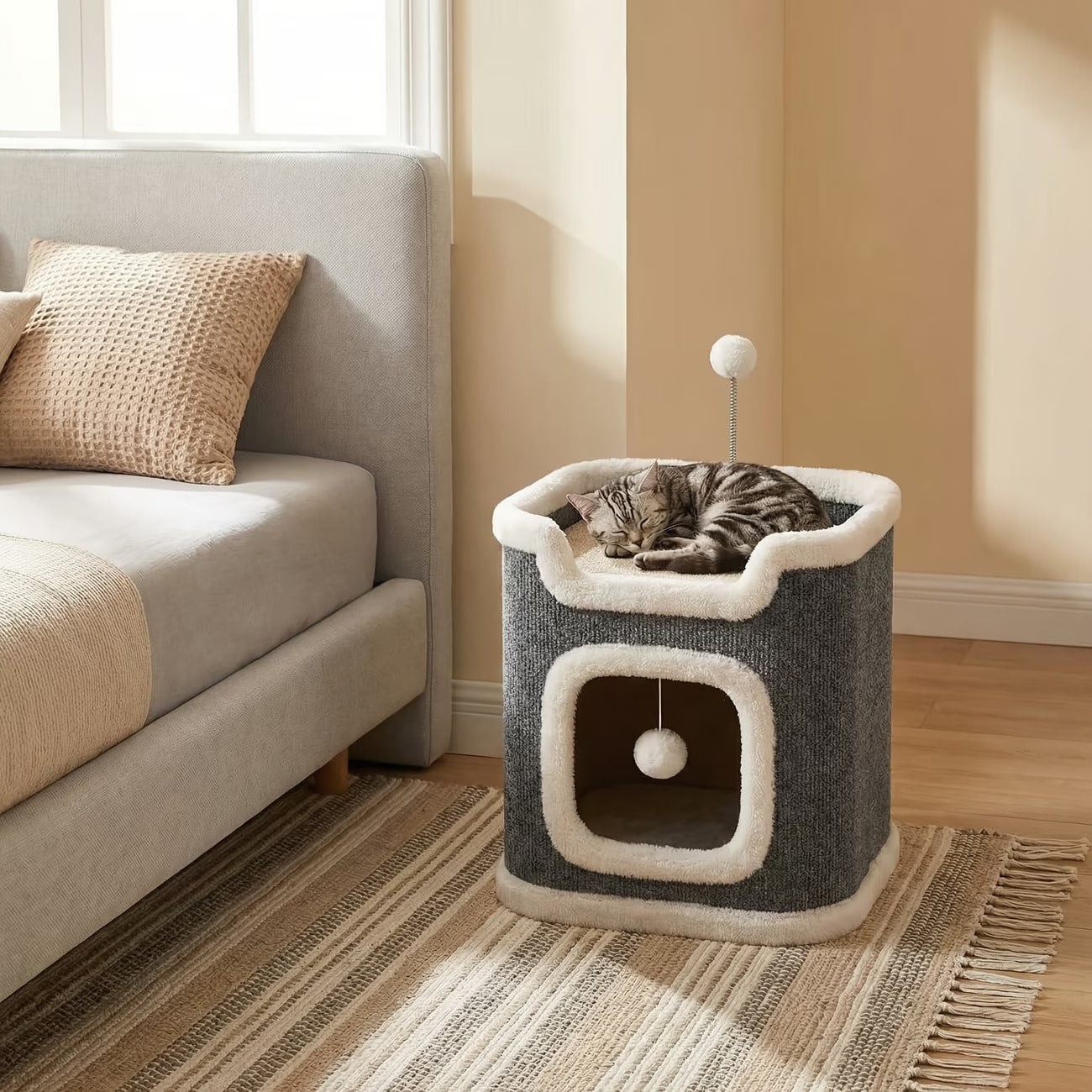Multi-level cozy cat tree villa tower featuring a sisal scratching post and warm soft condo for indoor cats.