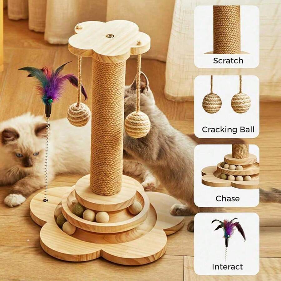 Solid wood vertical sisal cat scratching post climbing tree with interactive turntable toy