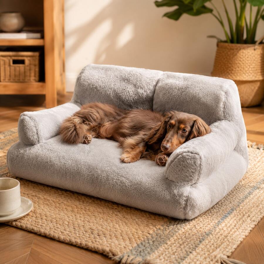 Orange plush cat sofa bed with high-resilience polyester filling and durable frame for small dogs and cats