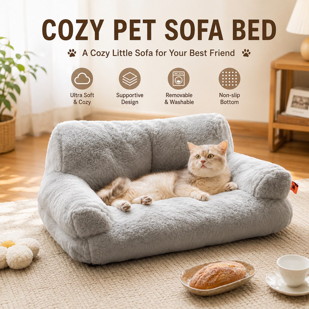 Orange plush cat sofa bed with high-resilience polyester filling and durable frame for small dogs and cats