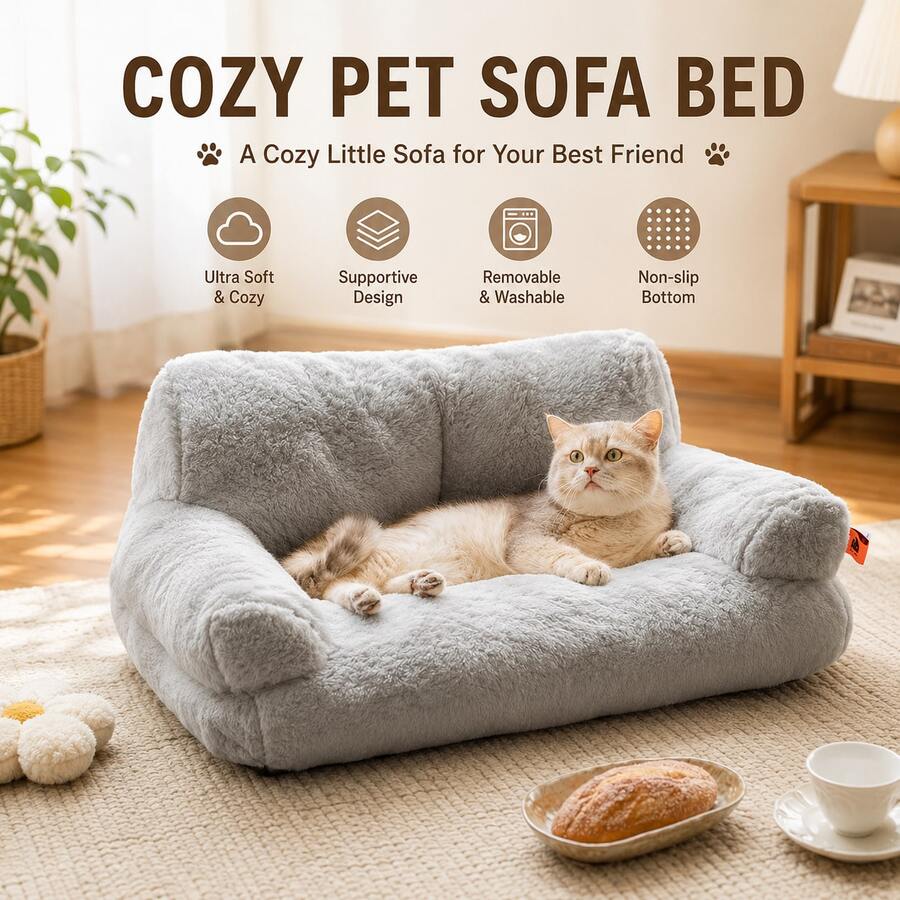 Orange plush cat sofa bed with high-resilience polyester filling and durable frame for small dogs and cats