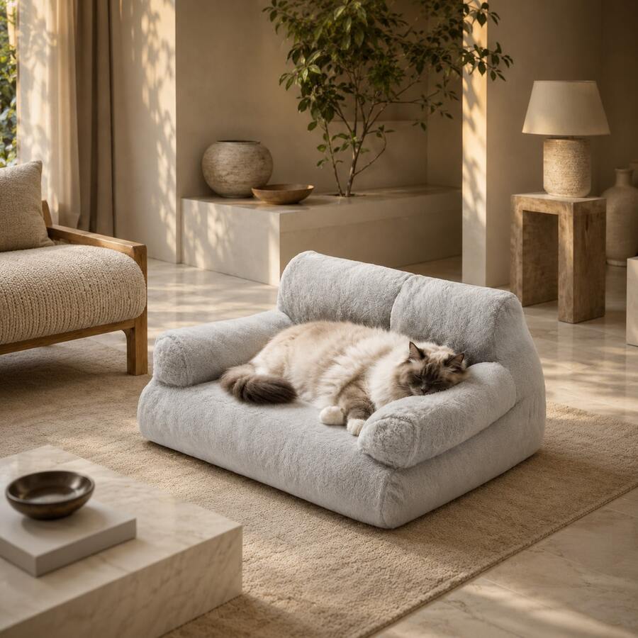 Orange plush cat sofa bed with high-resilience polyester filling and durable frame for small dogs and cats
