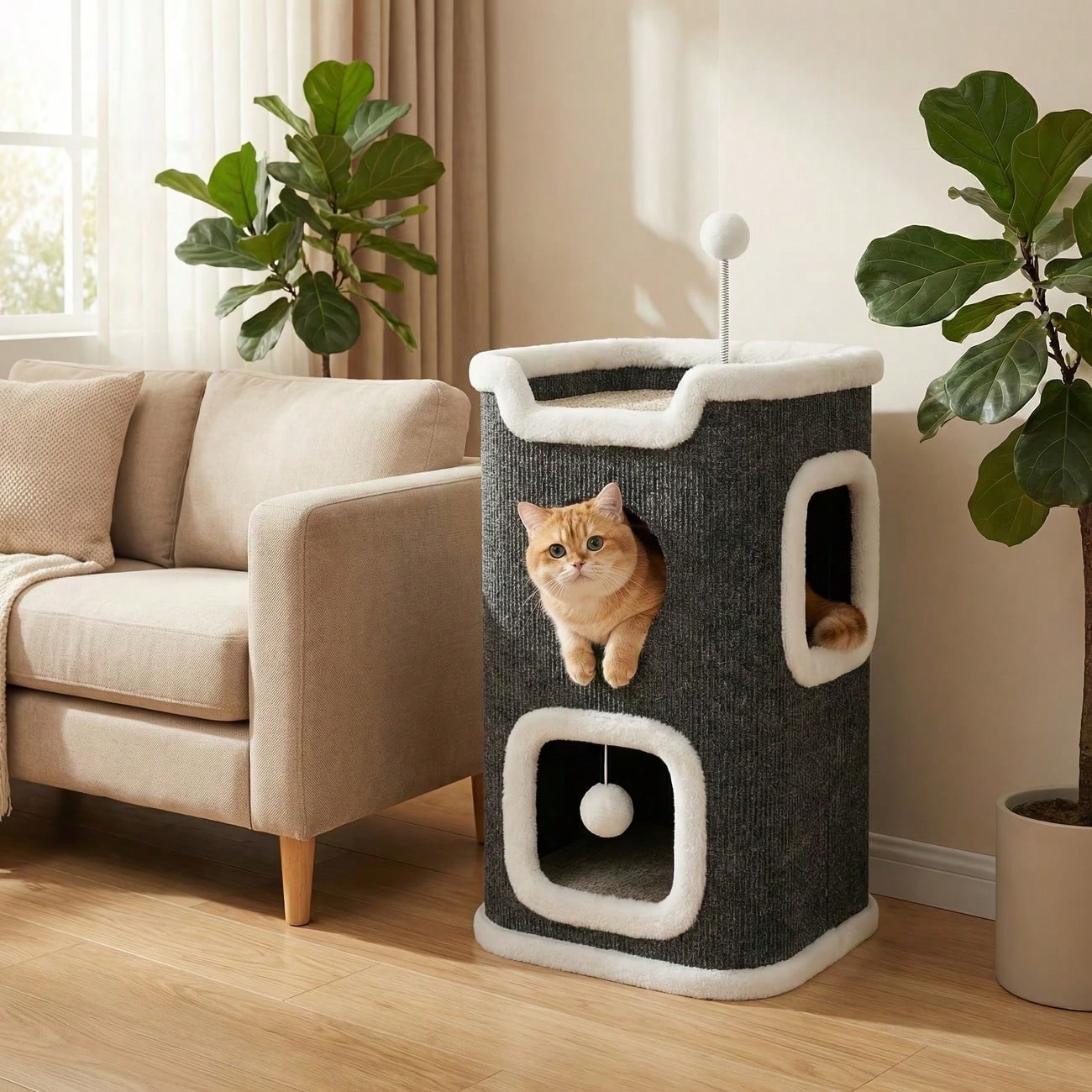 Multi-level cozy cat tree villa tower featuring a sisal scratching post and warm soft condo for indoor cats.