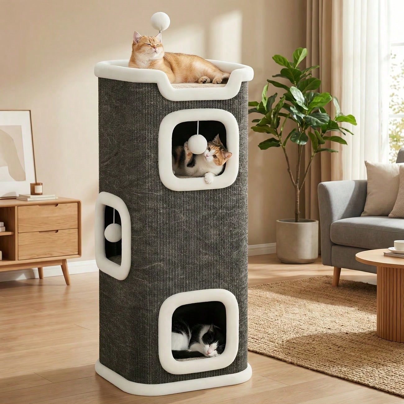Multi-level cozy cat tree villa tower featuring a sisal scratching post and warm soft condo for indoor cats.