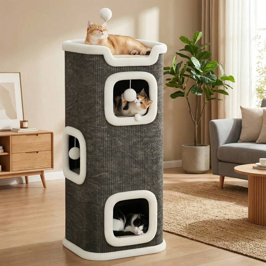 Multi-level cozy cat tree villa tower featuring a sisal scratching post and warm soft condo for indoor cats.
