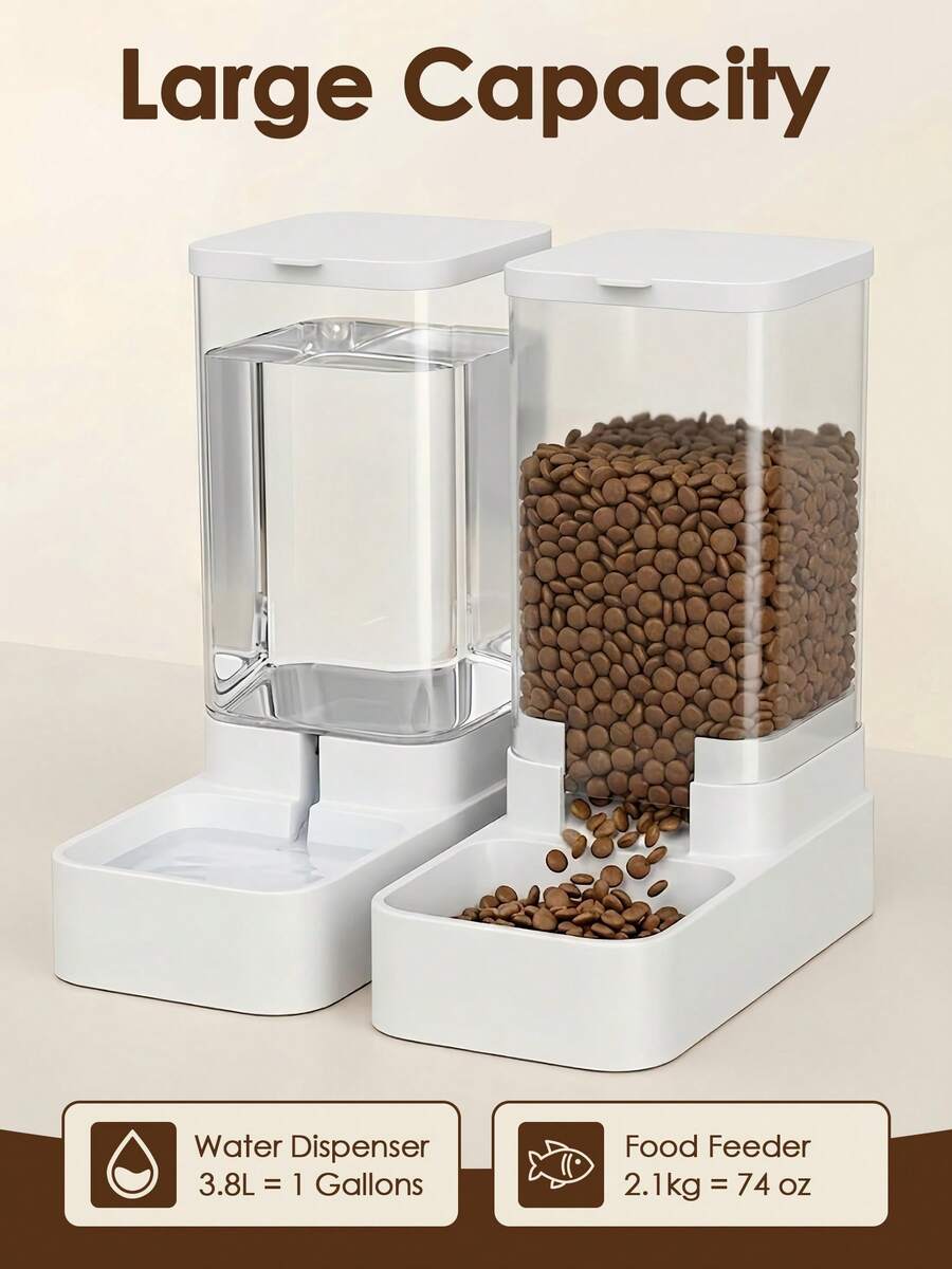 White automatic pet feeder and water dispenser set made of ABS plastic with gravity self-refilling design for cats and dogs